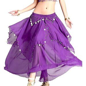 Women Purple Imported Chiffon Belly Dance Costume Indian Dance Skirt with Coins